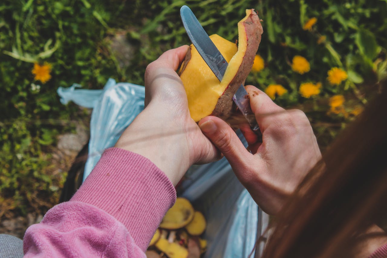 wedding-photographer-02 Hands peeling potatoes with a knife outdoors, showcasing food preparation and fresh produce.