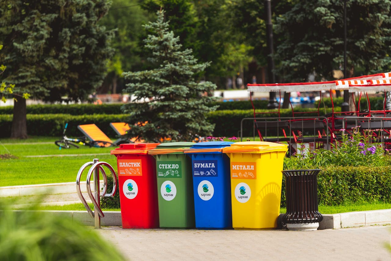 Mastering the First Impression: Your intriguing post title goes here Colorful recycling bins for waste segregation in a Moscow park.