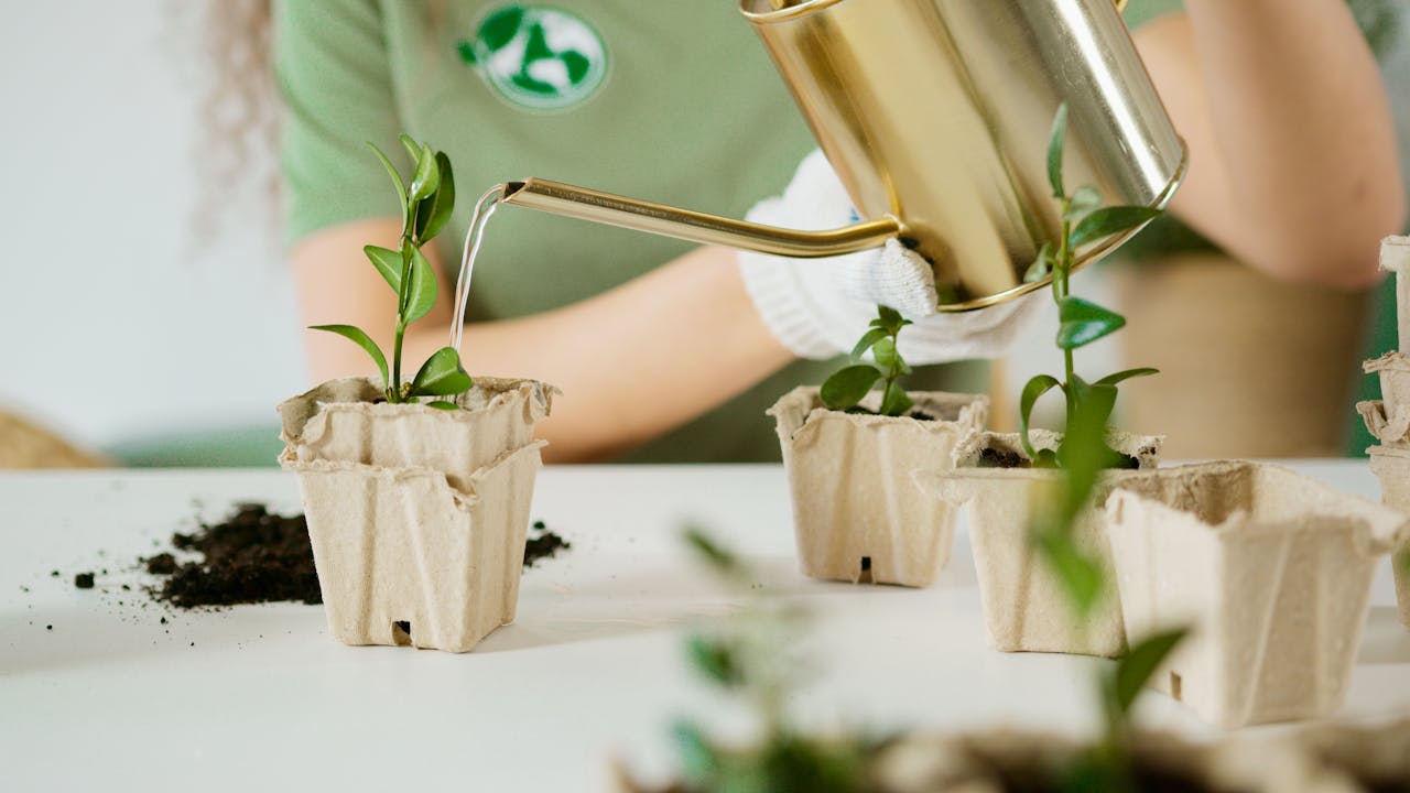 engagements-photography-02 Person watering young plants in eco-friendly recycled pots for sustainable gardening.